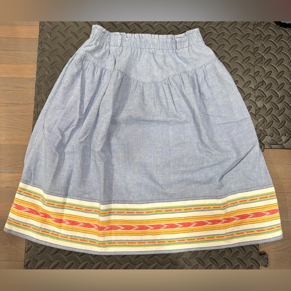 539. Chaus Light Blue Cotton A-Line Skirt with Striped Hem